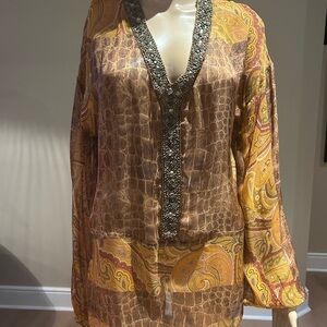 Robert Graham Brown and Yellow Silk aisley Tunic with Beaded Trim